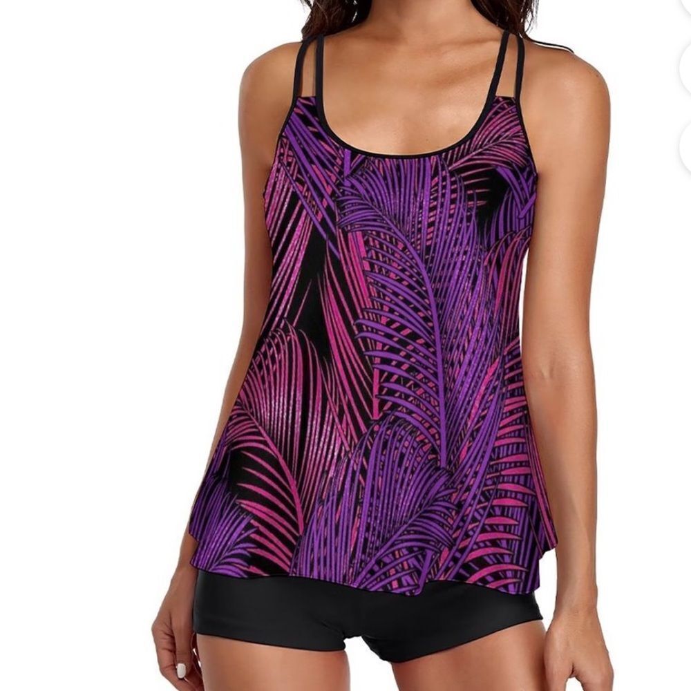 Amazon Purple and Black Leaf Print Swimsuit Sz XL